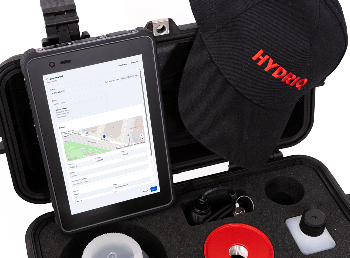 HYDRIQ Digital Fire Hydrant Inspection Platform HYDRIQ tablet displaying a digital fire hydrant inspection report with cloud synchronization.
