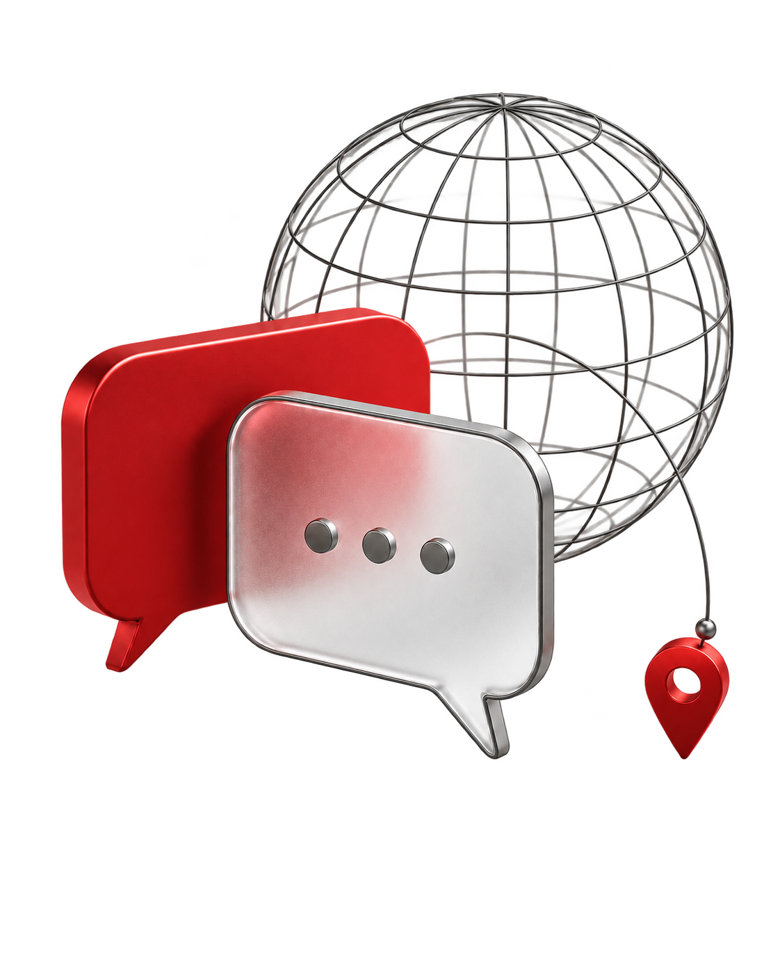 Red and frosted-glass speech bubbles with a wireframe globe and location pin for HYDRIQ team and distributor enquiries