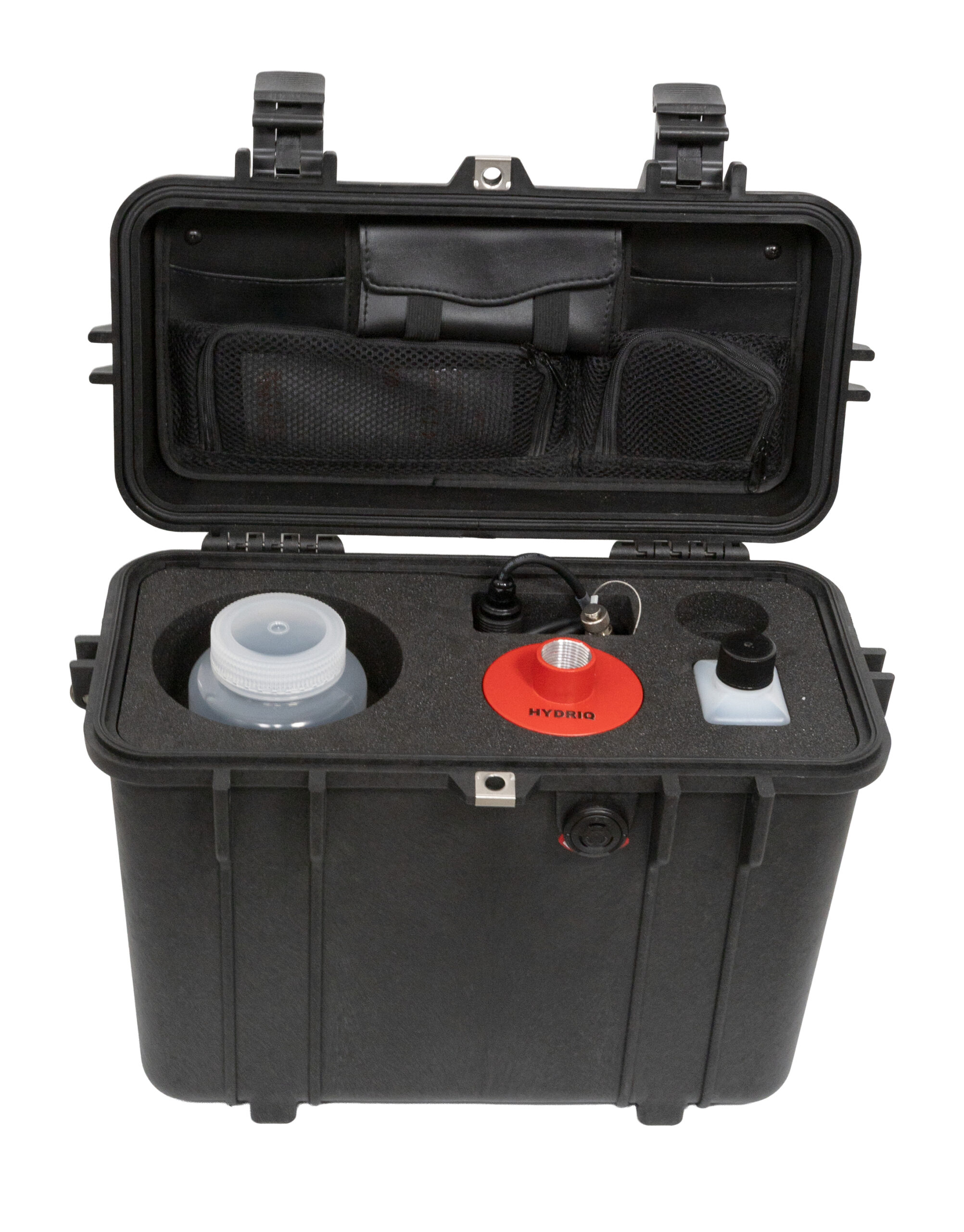 Open HYDRIQ SENS Pelicase with custom-cut foam, sample bottle, red probe support ring and accessories